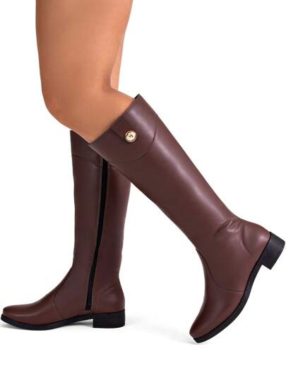 Bota Feminina Cano Longo Salto Baixo Marrom