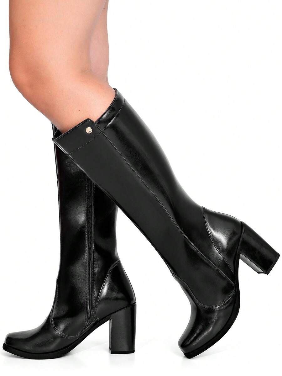 Bota Feminina Cano Alto Salto Alto Bloco Bico Quadrado