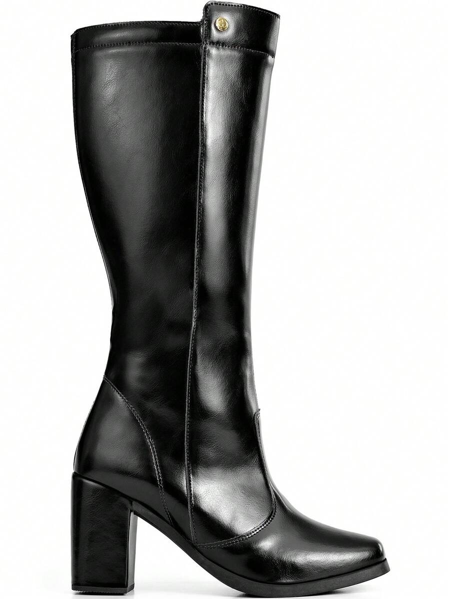 Bota Feminina Cano Alto Salto Alto Bloco Bico Quadrado
