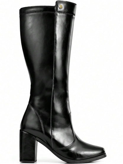 Bota Feminina Cano Alto Salto Alto Bloco Bico Quadrado