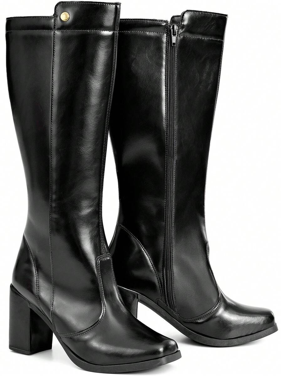 Bota Feminina Cano Alto Salto Alto Bloco Bico Quadrado