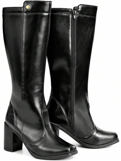 Bota Feminina Cano Alto Salto Alto Bloco Bico Quadrado