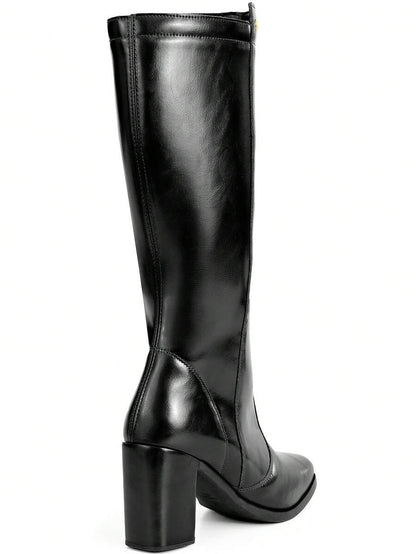 Bota Feminina Cano Alto Salto Alto Bloco Bico Quadrado