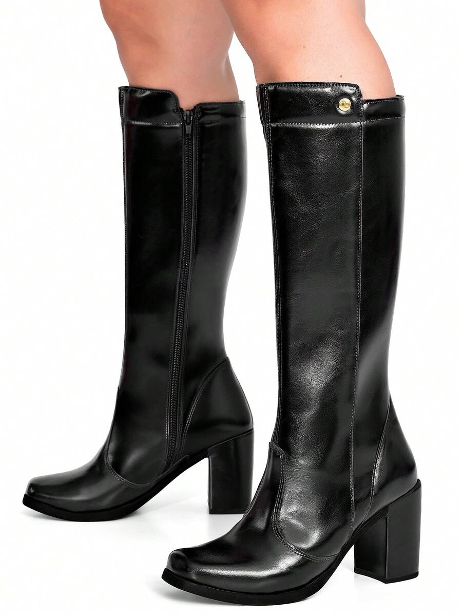 Bota Feminina Cano Alto Salto Alto Bloco Bico Quadrado