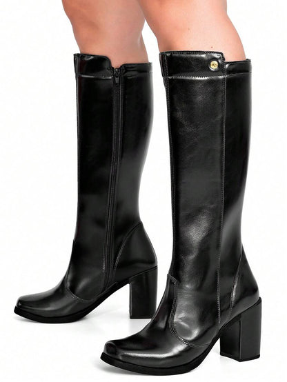 Bota Feminina Cano Alto Salto Alto Bloco Bico Quadrado