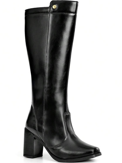 Bota Feminina Cano Alto Salto Alto Bloco Bico Quadrado