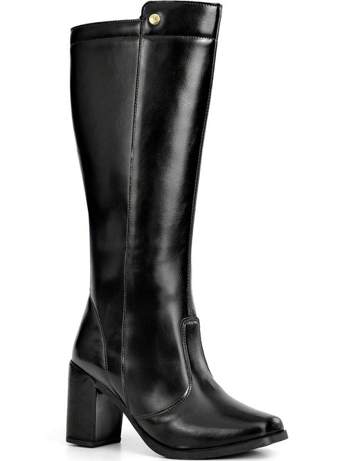 Bota Feminina Cano Alto Salto Alto Bloco Bico Quadrado
