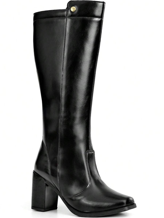 Bota Feminina Cano Alto Salto Alto Bloco Bico Quadrado