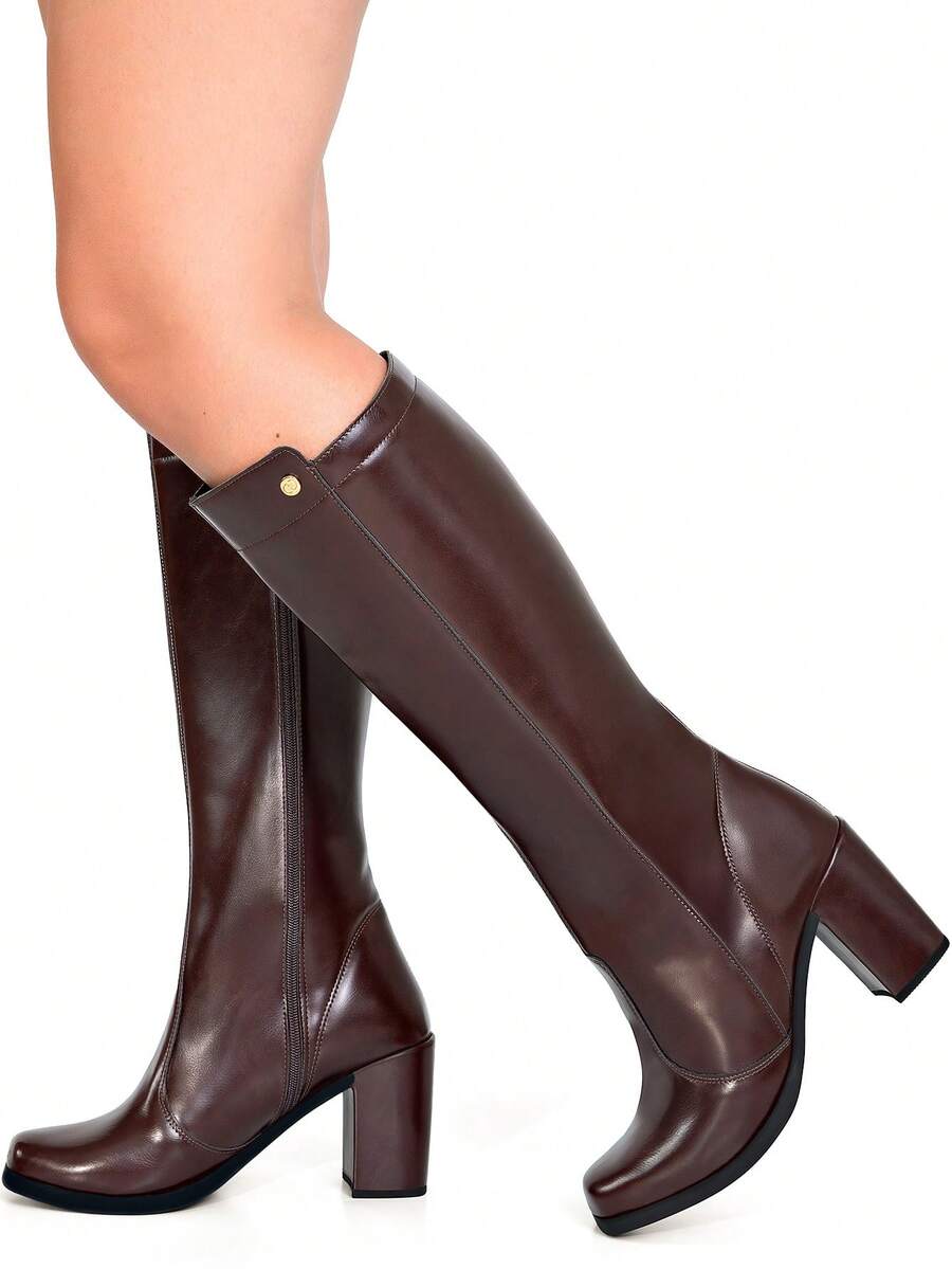 Bota Feminina Cano Longo Salto Bloco Bico Quadrado