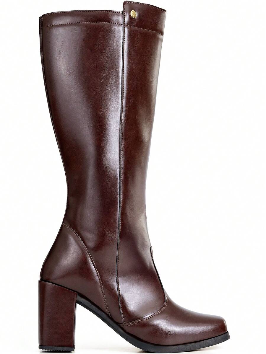 Bota Feminina Cano Longo Salto Bloco Bico Quadrado