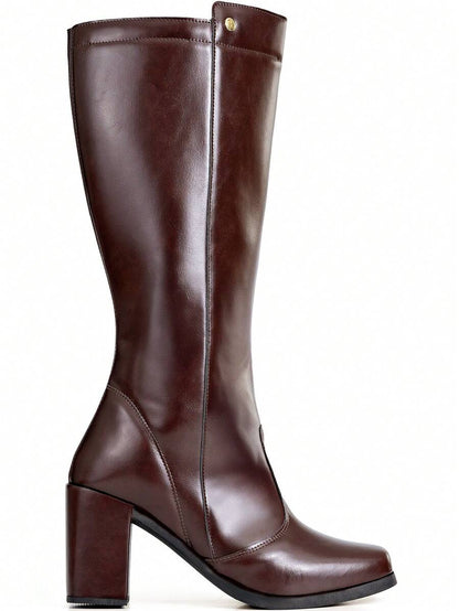 Bota Feminina Cano Longo Salto Bloco Bico Quadrado