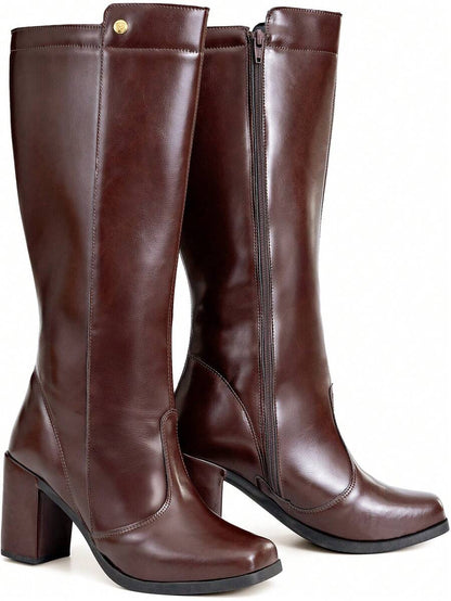Bota Feminina Cano Longo Salto Bloco Bico Quadrado