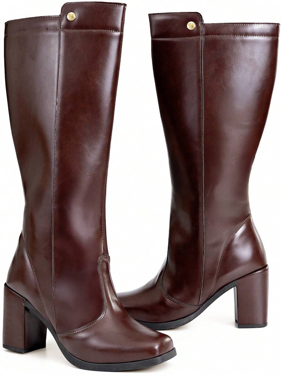 Bota Feminina Cano Longo Salto Bloco Bico Quadrado