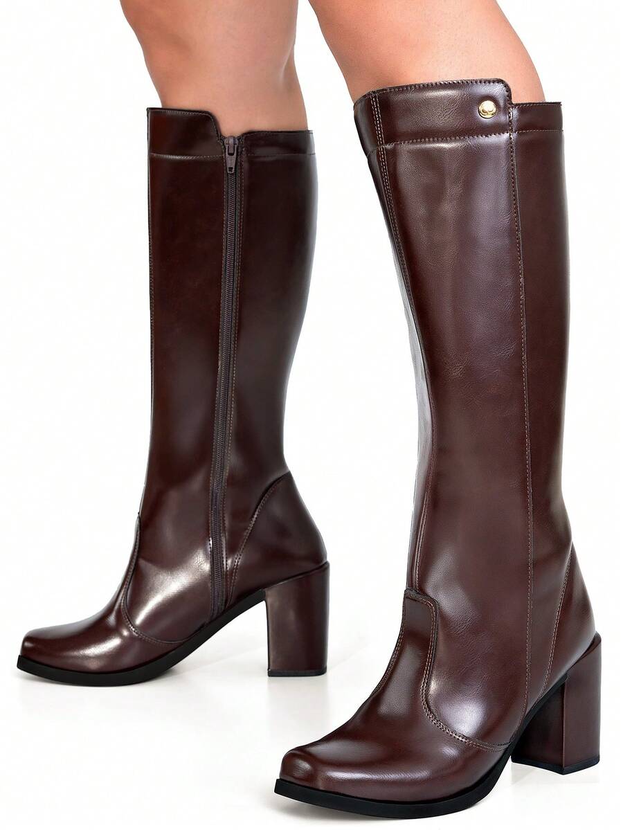 Bota Feminina Cano Longo Salto Bloco Bico Quadrado