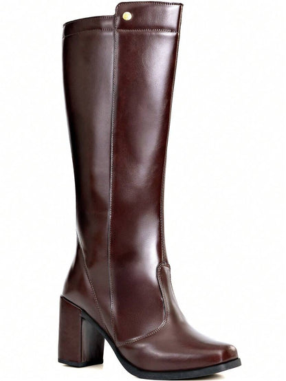 Bota Feminina Cano Longo Salto Bloco Bico Quadrado