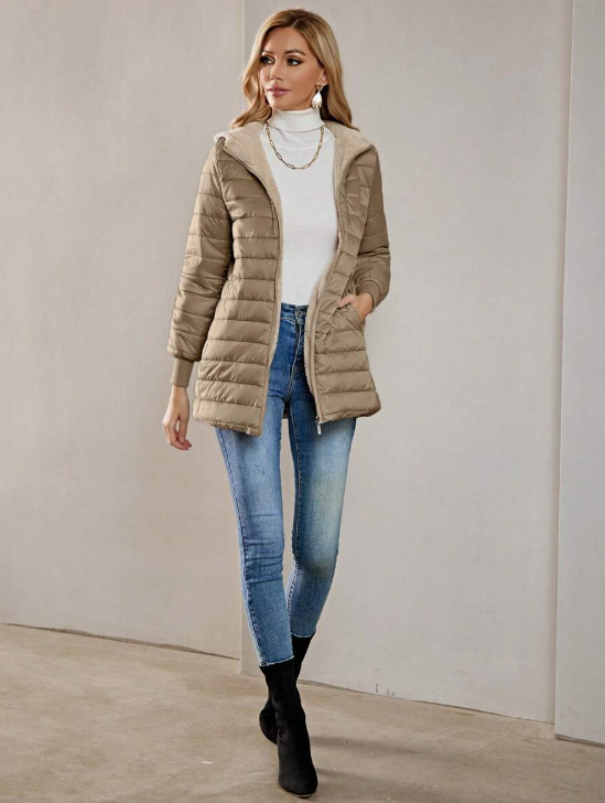 Casaco-Feminino-Puffer-com-Touca-Caqui