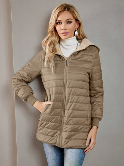 Casaco-Feminino-Puffer-com-Touca-Caqui