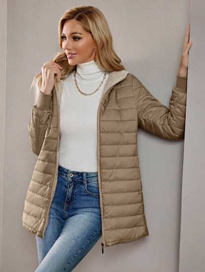 Casaco-Feminino-Puffer-com-Touca-Caqui