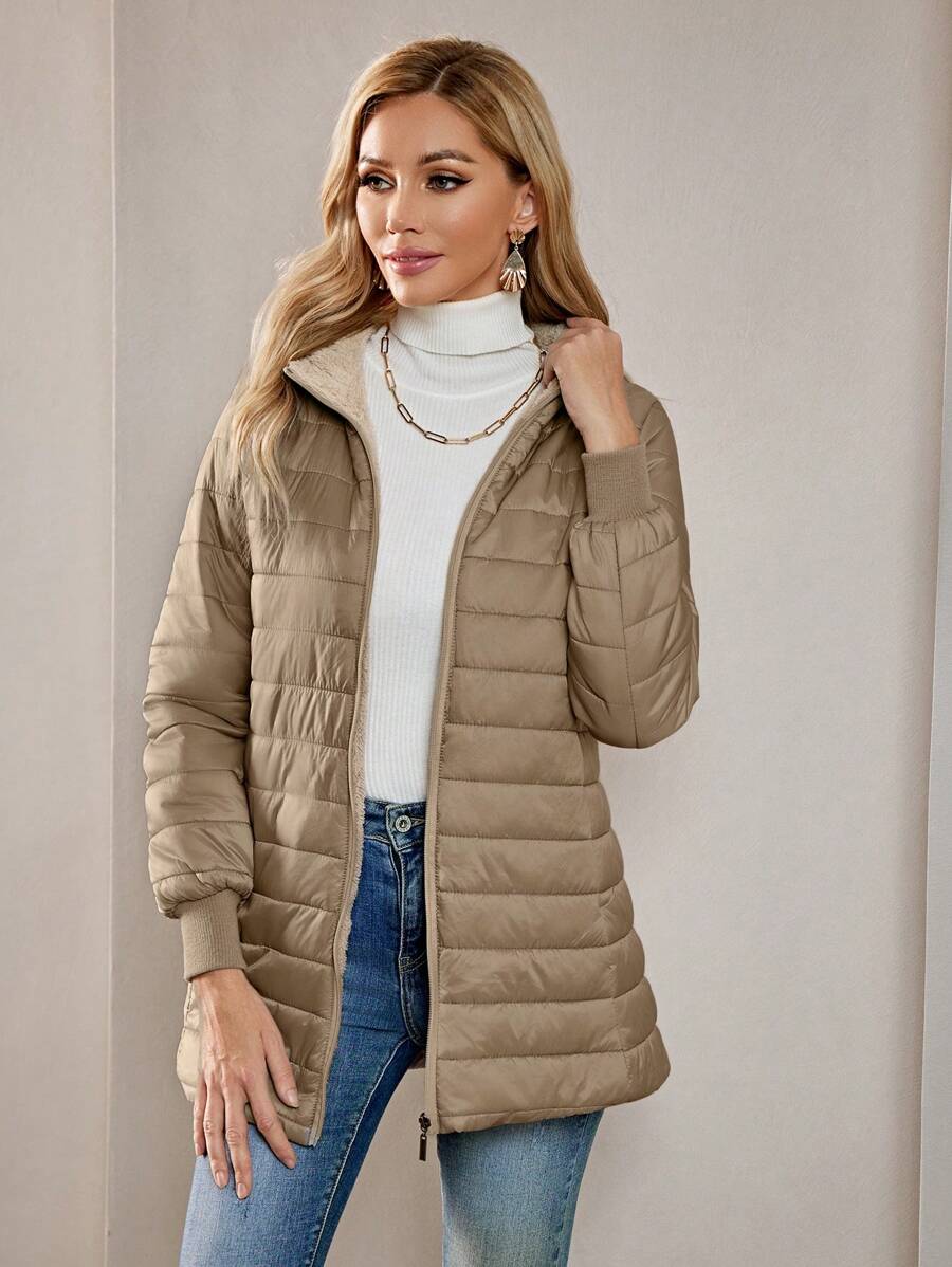 Casaco-Feminino-Puffer-com-Touca-Caqui