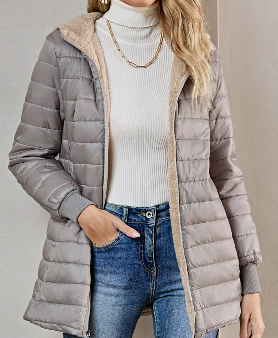 Casaco-Feminino-Puffer-com-Touca-Cinza