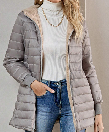 Casaco-Feminino-Puffer-com-Touca-Cinza