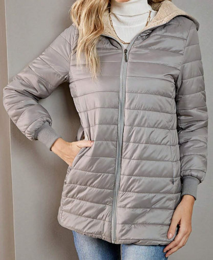 Casaco-Feminino-Puffer-com-Touca-Cinza