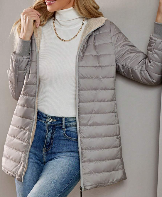 Casaco-Feminino-Puffer-com-Touca-Cinza