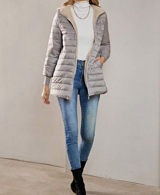 Casaco-Feminino-Puffer-com-Touca-Cinza