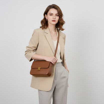 Mulher usando Bolsa Feminina de Couro Genuíno Caramelo transversável com Blazer e Calça Alaiataria