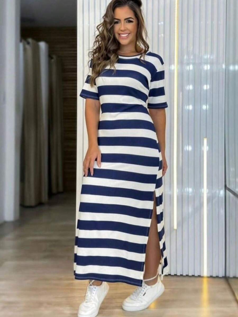 Vestido-Longo-Listrado-Manga-Curta-Com-Fenda-Zaya