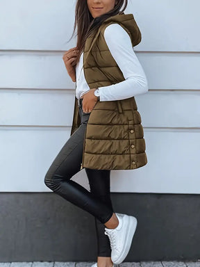 Colete Feminino Puffer com Touca Castanho