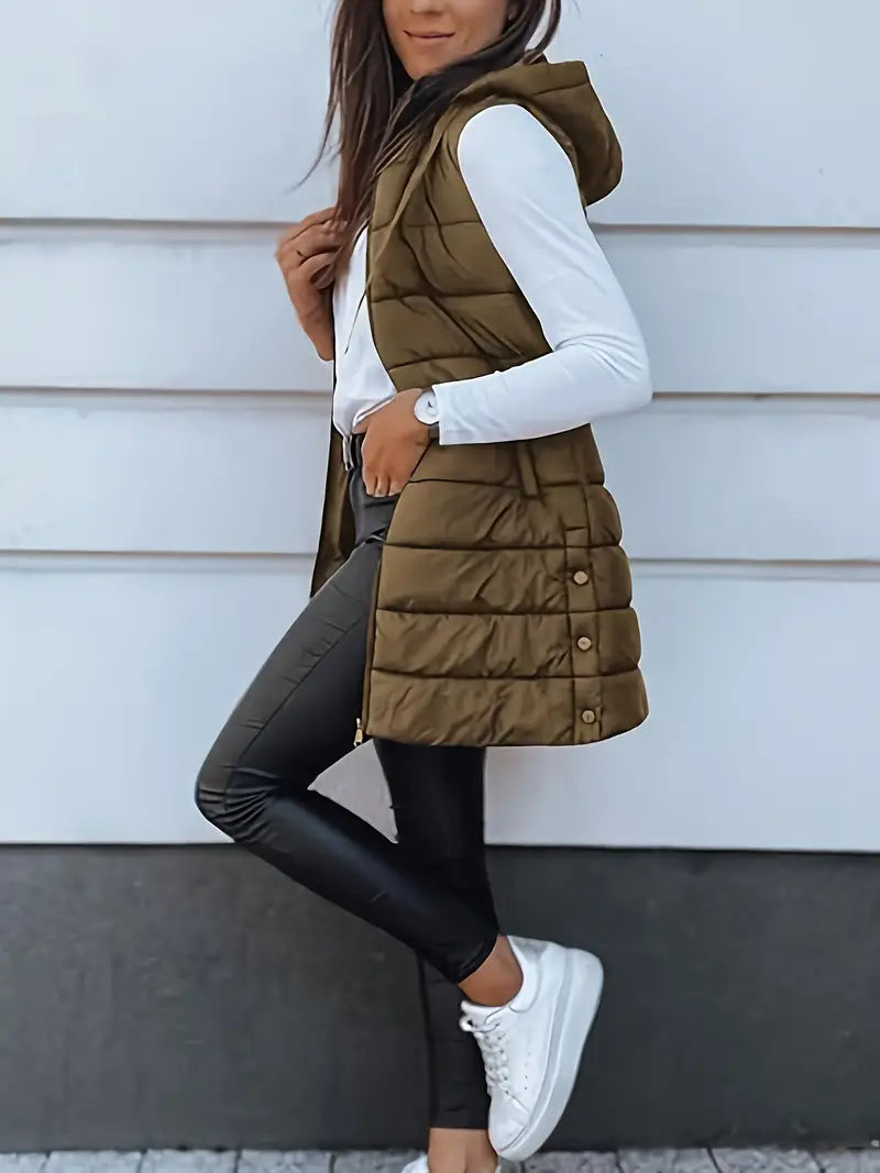 Colete Feminino Puffer com Touca Castanho